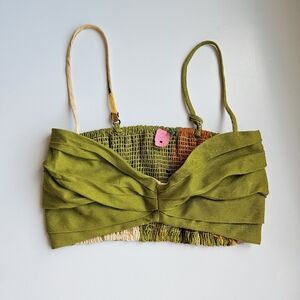 FARM Rio Pea Green Linen Blend Reversible Floral Pleated Crop Top